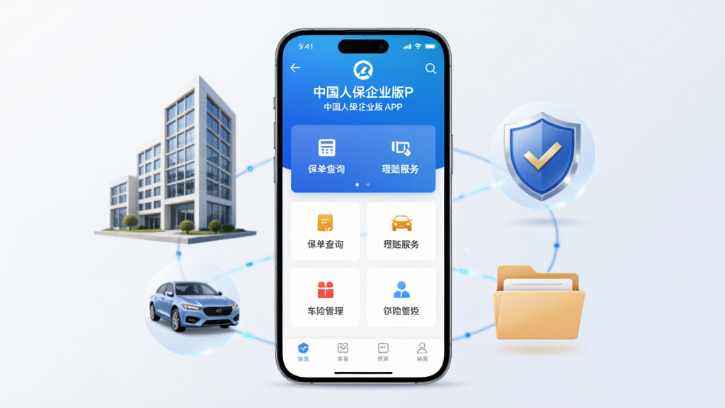 画面中央是一部智能手机,屏幕上显示中国人保企业版APP主界面,界面包含保单查询、理赔服务、车险管理等功能模块,手机周围环绕企业办公楼、汽车、盾牌、文件夹等图标元素,整体布局为竖版手机海报风格,排版简洁清晰,风格商务科技感,细节上手机屏幕有蓝色渐变光效,背景为浅灰白色,画质高清,干净,无多余元素