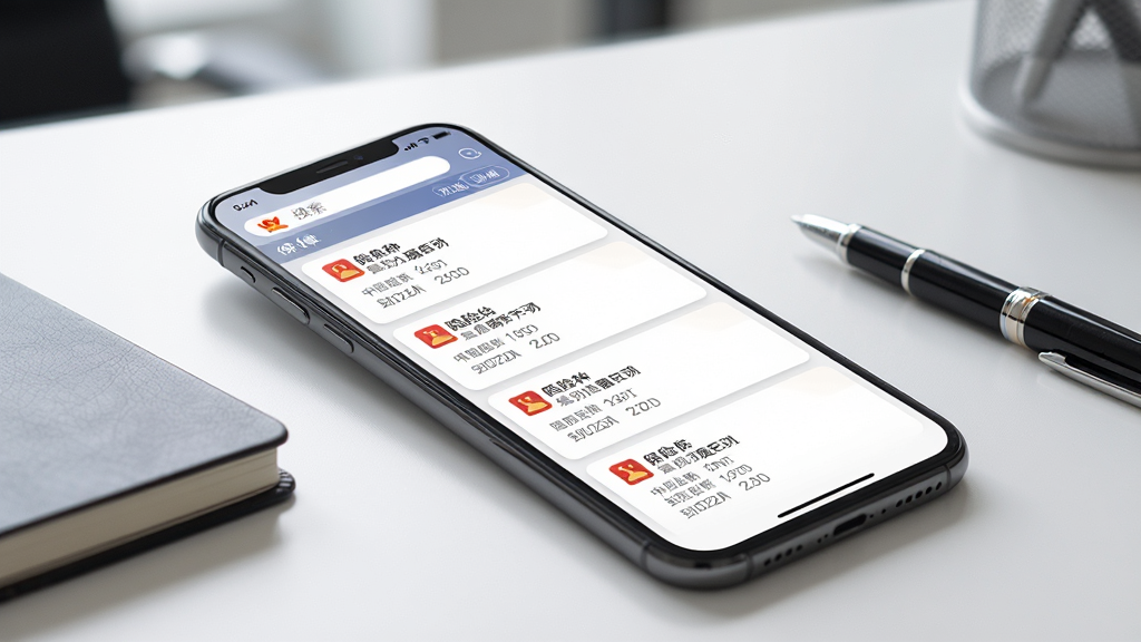 画面主体为中国人保企业版APP的保单管理界面,屏幕中整齐排列多张电子保单卡片,每张卡片标注险种名称与到期日期,界面顶部有搜索栏和筛选按钮,手机放置在一张整洁的办公桌上,旁边有笔记本和签字笔,整体布局为横版场景图,风格简约商务,细节上保单卡片有轻微投影效果,背景虚化处理,画质高清,干净,无多余元素