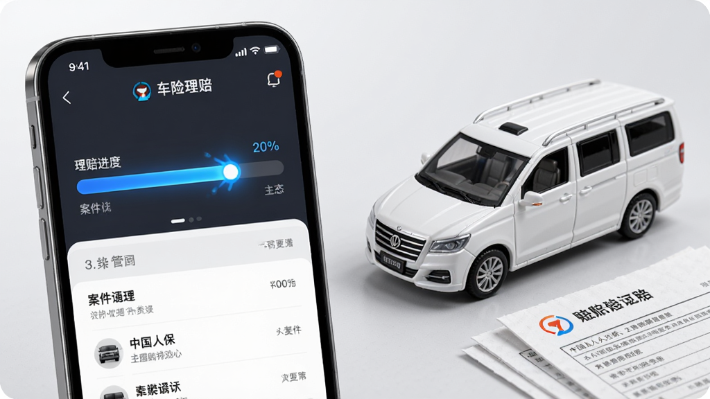 画面展示中国人保企业版APP车险理赔功能页面,屏幕中央有理赔进度条和案件列表,手机旁边有一辆白色商务车模型和理赔单据,整体布局为左右分栏式构图,风格现代商务,细节上进度条有蓝色高亮动画效果,背景为浅灰色渐变,画质高清,干净,无多余元素