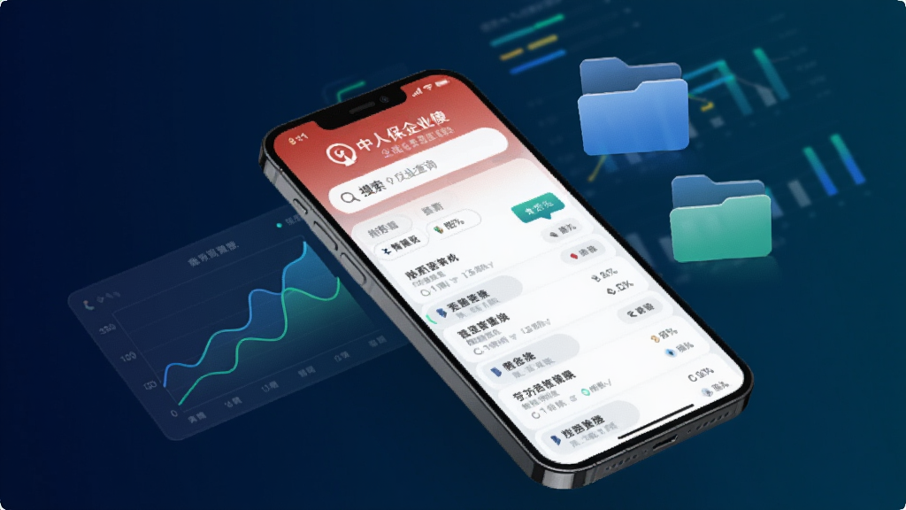 画面为中国人保企业版APP企业信息查询界面,屏幕显示搜索框和查询结果列表,手机悬浮在数据图表和文件夹图标上方,整体布局为竖版海报风格,风格科技数据感,细节上数据图表有蓝绿色渐变线条,背景为深蓝色调,画质高清,干净,无多余元素