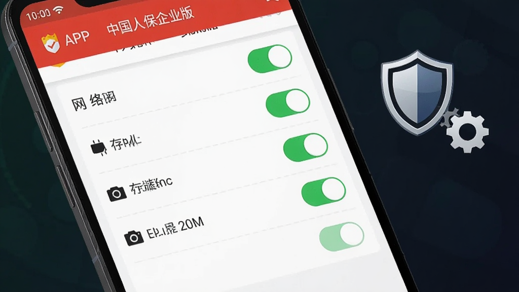 画面为一部安卓手机屏幕特写,显示中国人保企业版APP的权限设置界面,界面中网络、存储、相机等权限开关清晰可见,手机旁边有盾牌和齿轮图标,整体布局为竖版手机截图风格,风格安全科技感,细节上权限开关有绿色高亮状态,背景为深色渐变,画质高清,干净,无多余元素
