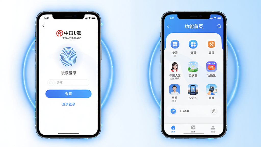 画面展示中国人保企业版APP登录界面与功能首页的对比展示,左侧为指纹登录界面,右侧为功能首页,手机屏幕有蓝色光效环绕,整体布局为双手机并列展示,风格清新科技,细节上界面图标圆润精致,背景为白色到浅蓝渐变,画质高清,干净,无多余元素