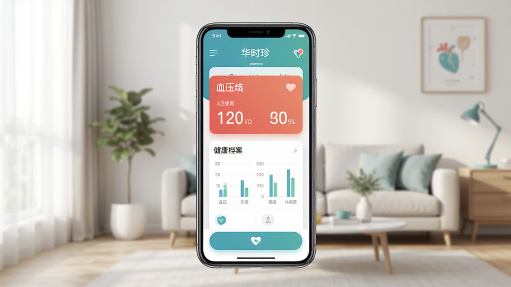 一款以健康管理为主题的手机应用界面展示,画面中央是“华时珍”APP的首页,显示血压数据卡片和健康档案模块,背景为干净整洁的居家环境,主体突出,布局采用卡片式排版,风格现代简约,细节包含数据图表和图标按钮,画质清晰,画面干净,无多余元素