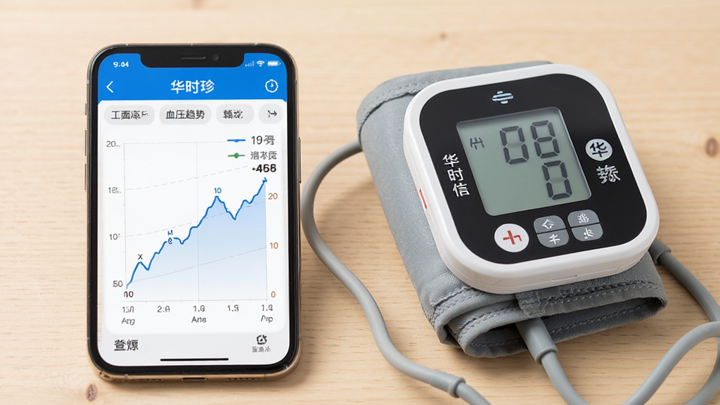 一部手机屏幕显示“华时珍”APP的血压趋势折线图界面,旁边放置一台华时珍手臂式电子血压计,背景为浅色木质桌面,主体清晰,布局采用左右分栏,风格写实产品图,细节包含屏幕上的数据曲线和数值,画质高清,干净无杂乱