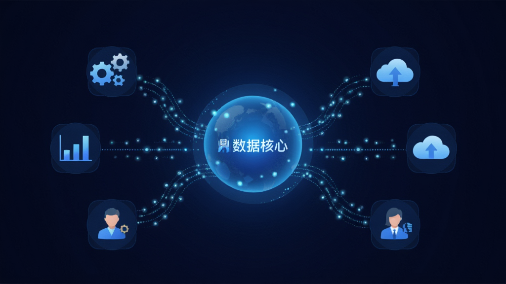 画面主体为鼎捷雅典娜的数智驱动引擎可视化界面,界面中央是一个发光的蓝色球体代表数据核心,四周延伸出多条数据线连接不同模块图标,包括齿轮、图表、云朵和人员标识,布局采用放射状结构,风格为科技感扁平插画,细节上数据线带有流动光点效果,背景为深色渐变,画面干净整洁,2K画质,无多余文字