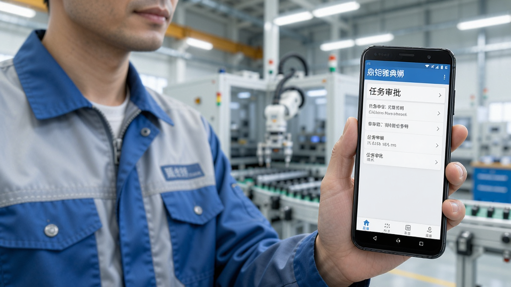 画面展示一名身穿工作服的人员站在工厂车间内,手持安卓手机操作鼎捷雅典娜应用,手机屏幕显示任务审批界面,人物身后是模糊的自动化生产线设备,布局采用人物居左手机居右的构图方式,风格为写实摄影风,细节上手机屏幕内容清晰可见,车间光线明亮,画面干净无杂乱元素,4K画质