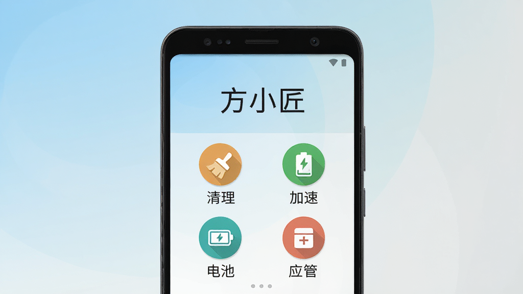 画面中央放置一部安卓手机,手机屏幕显示一个简洁的工具类应用主界面,界面上方有“方小匠”三个字,下方排列四个圆形功能图标,分别代表清理、加速、电池、应用管理,背景为浅蓝到浅灰的渐变,风格清爽扁平化,细节干净,画质清晰,无多余元素