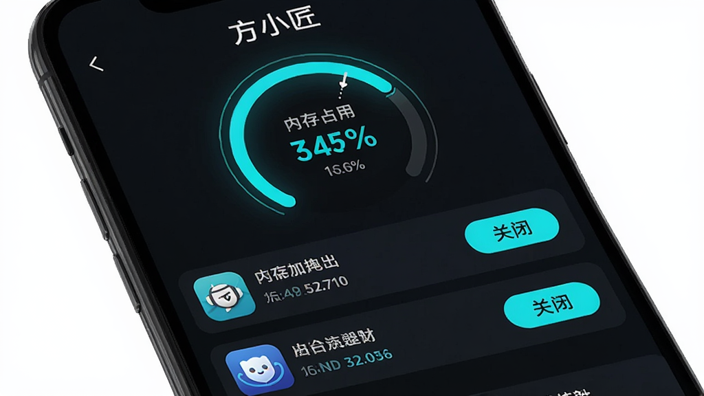 手机屏幕展示“方小匠”加速界面,屏幕中央有一个圆形仪表盘显示内存占用百分比,下方列出三个后台应用名称和各自占用内存大小,每个应用右侧有“关闭”按钮,界面风格为深色背景配青色高亮,画质清晰,无多余元素