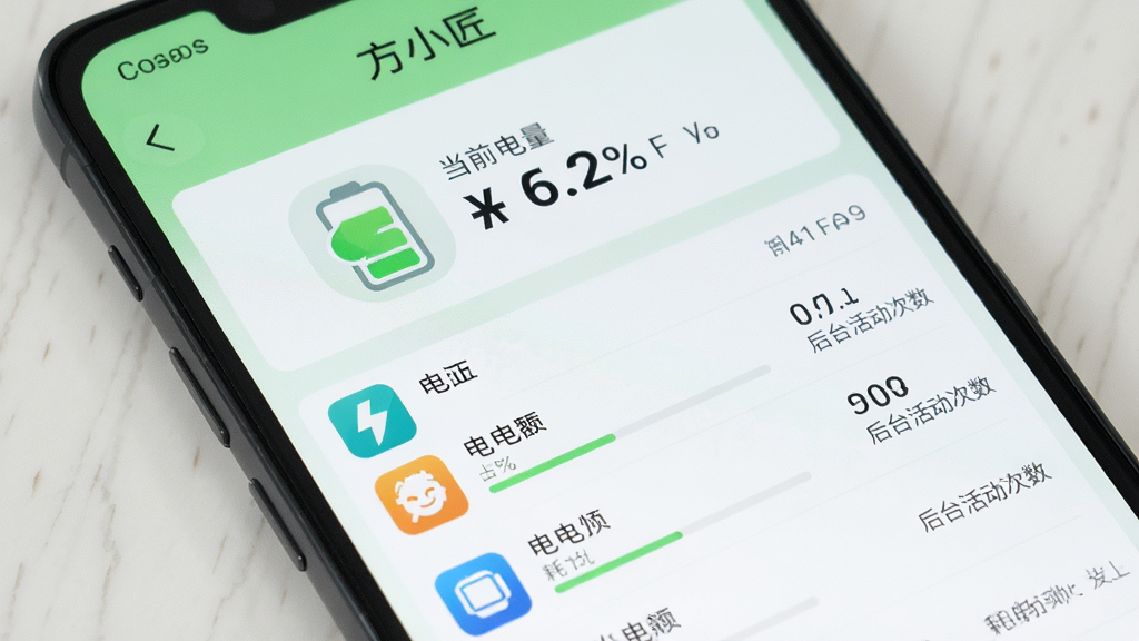 手机屏幕显示“方小匠”电池管理页面,页面上方有电池图标和当前电量百分比,下方为耗电应用排行列表,每个应用显示名称、耗电占比和后台活动次数,界面配色为浅绿与白色搭配,风格清新,画质清晰,无多余元素