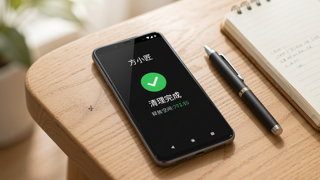 一部安卓手机放在木质桌面上,屏幕显示“方小匠”的清理完成页面,页面中央有一个绿色对勾和“清理完成”字样,下方显示释放空间大小,手机旁边有一支笔和一本笔记本,背景柔和,风格生活化,画质清晰,无多余元素