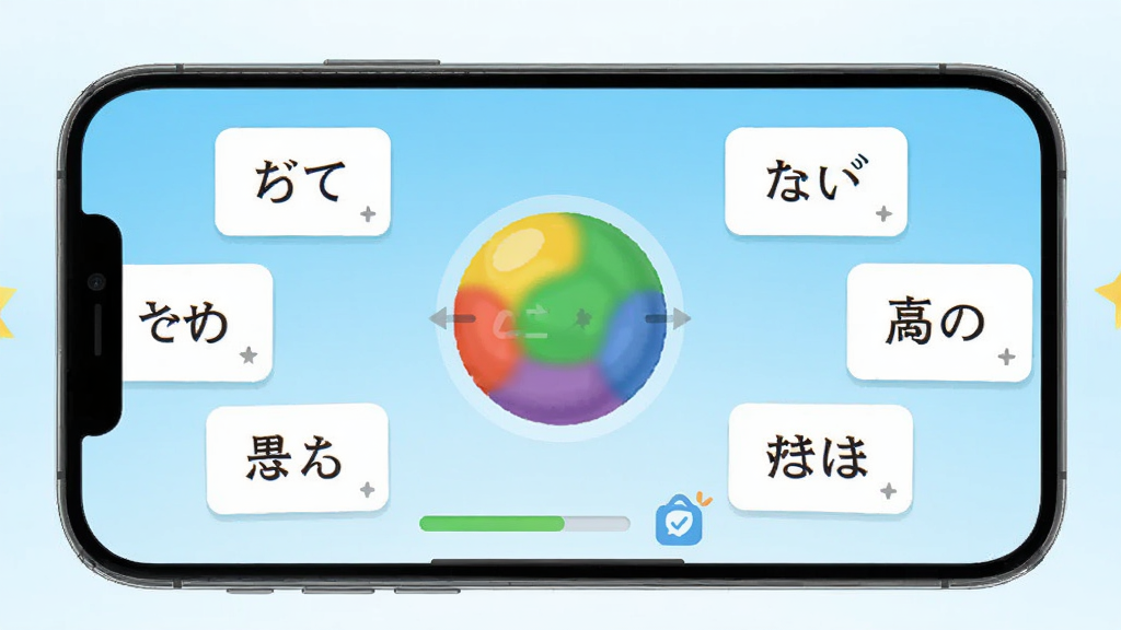 语球学日语软件主界面展示,手机屏幕中央呈现彩色球体互动学习界面,周围环绕日语假名与单词卡片,背景为浅蓝色渐变,布局简洁清晰,风格清新活泼,细节包含学习进度条与打卡图标,画质高清,干净,无多余元素