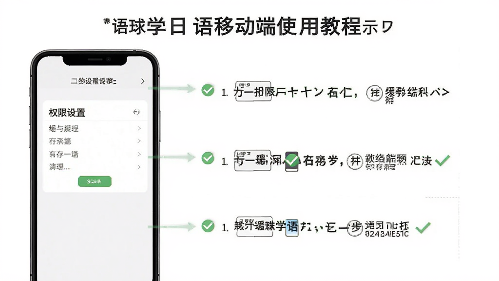 语球学日语移动端使用教程示意图,手机屏幕展示权限设置与缓存清理步骤,背景为白色简约风格,布局分步排列,细节包含箭头指引与勾选标记,画质高清,干净,无多余元素