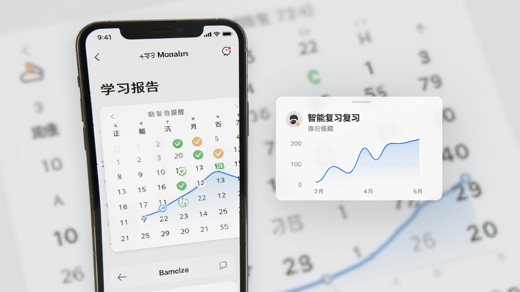 语球学日语智能复习提醒功能界面,手机屏幕显示学习报告图表与复习提醒弹窗,背景为浅灰色极简风格,布局清晰,细节包含日历打卡标记与曲线图,画质高清,干净,无多余元素