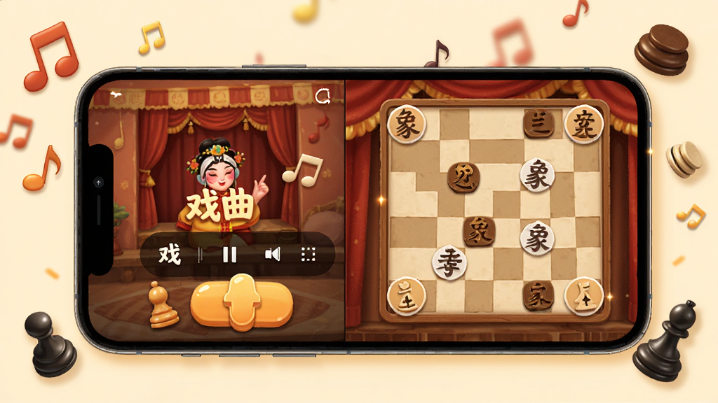 佳伴乐龄娱乐功能界面展示,画面为手机屏幕内显示戏曲播放页面和象棋游戏界面,屏幕周围点缀着音符和棋子元素,布局采用左右分栏排版,风格活泼温馨,细节上按钮大而清晰,色彩温暖,画质高清,干净无多余装饰