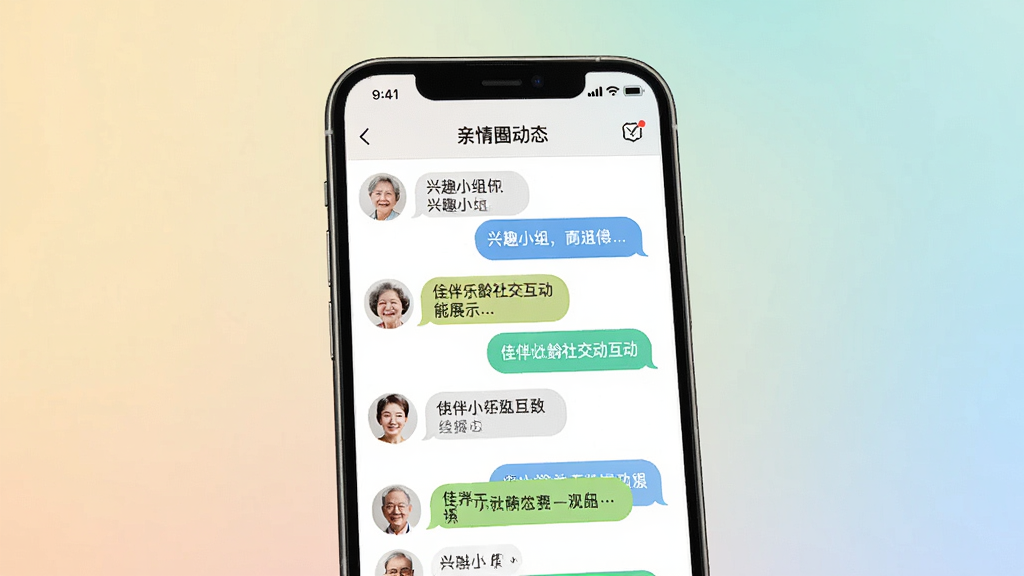 佳伴乐龄社交互动功能展示,画面为手机屏幕内显示兴趣小组聊天界面和亲情圈动态页面,屏幕中呈现多位中老年用户头像和对话气泡,布局采用层叠式排版,风格亲切友好,细节上头像圆润、字体清晰,画质高清,背景为柔和渐变,无多余元素