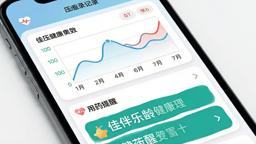 佳伴乐龄健康管理功能界面展示,主体为手机屏幕特写,屏幕内显示血压记录图表和用药提醒列表,图表线条清晰,提醒条目醒目,布局采用上下分层排版,风格简洁明快,细节上图标圆润、字体加大,画质高清,背景干净无杂乱元素