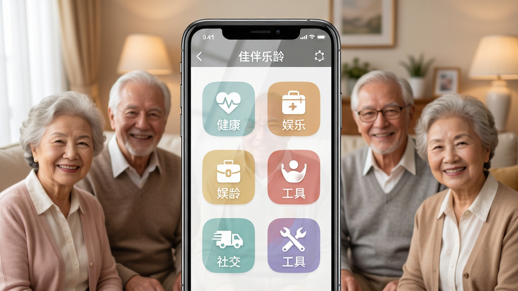 佳伴乐龄软件主界面全貌展示,画面中央是一部大屏幕智能手机,屏幕内显示佳伴乐龄APP首页,大字体大图标布局清晰,包含健康、娱乐、社交、工具等功能入口,周围环绕着微笑的中老年用户形象,背景为温暖的家庭客厅场景,布局采用中心聚焦式排版,风格温馨亲切,细节上手机屏幕有轻微反光,图标色彩柔和,画质高清,干净整洁,无多余元素