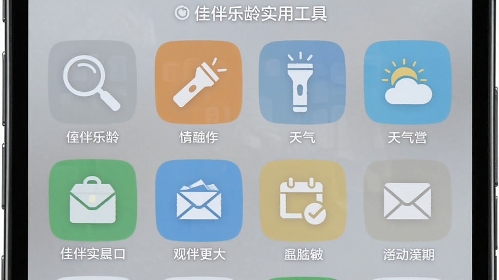 佳伴乐龄实用工具界面展示,画面为手机屏幕内显示放大镜、手电筒、天气预报等工具图标网格,图标大而醒目,布局采用网格排列,风格简约实用,细节上每个图标带有文字标签,画质高清,背景干净清爽,无杂乱元素