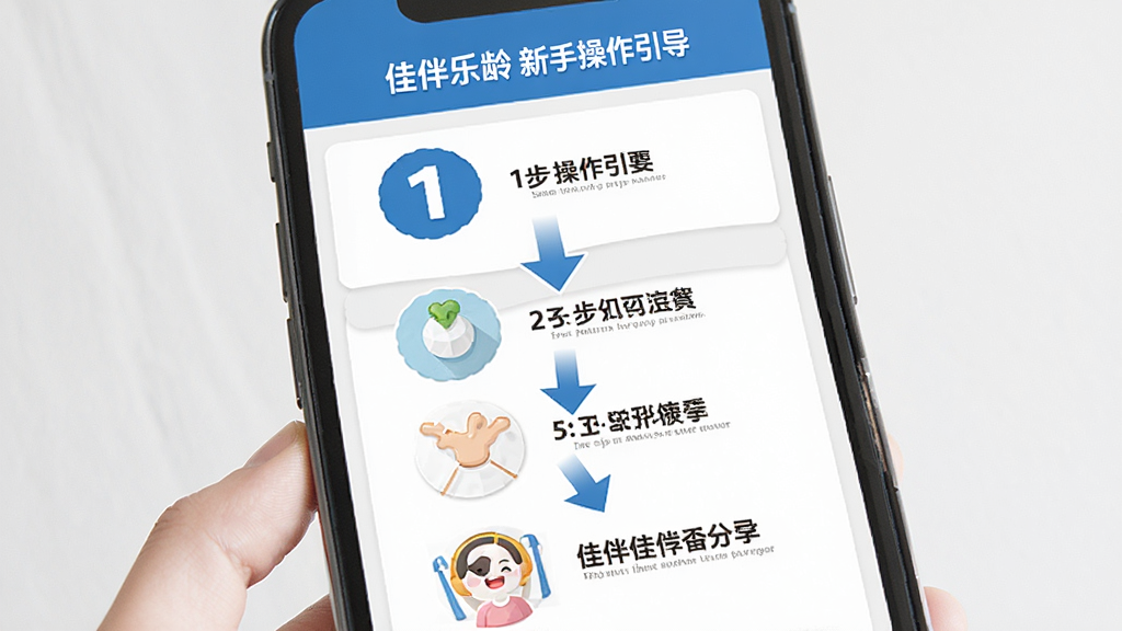 佳伴乐龄新手操作引导页面展示,画面为手机屏幕内显示分步操作指引,每一步配有图标和简短文字说明,布局采用纵向步骤条排版,风格清晰明了,细节上步骤数字醒目、箭头指向明确,画质高清,背景简洁,无多余装饰