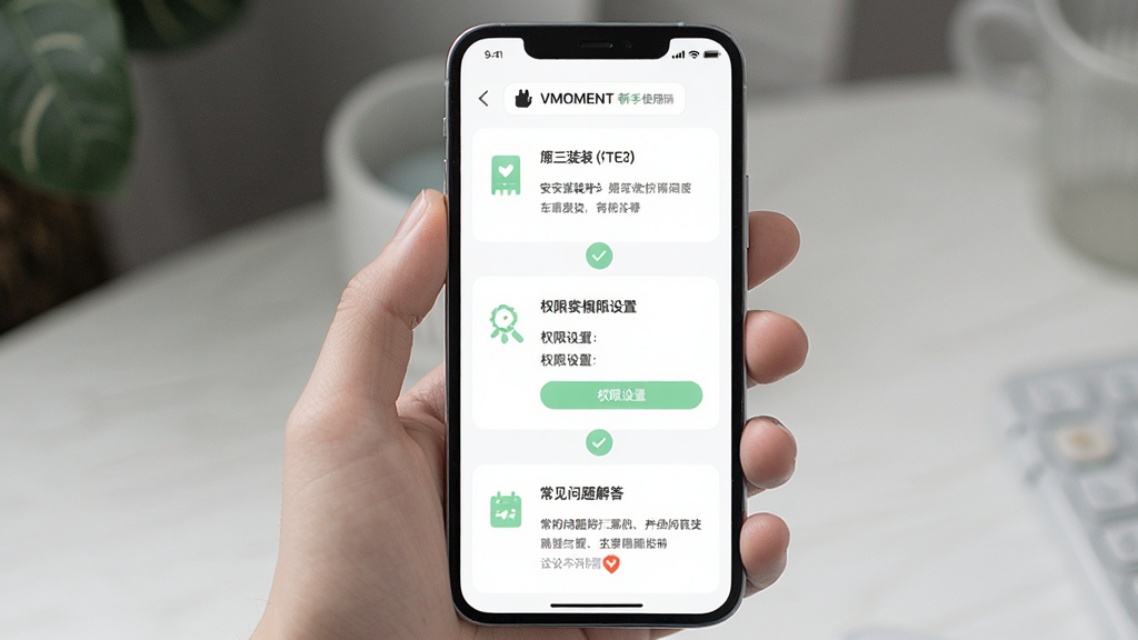 一张展示VMOMENT新手使用指南的图片,画面为手机屏幕竖直排列,屏幕上显示安装步骤、权限设置和常见问题解答的界面,布局为从上到下的流程式排版,风格为清新简洁的教程风,细节包括清晰的图标、柔和的绿色勾选标记、干净的白底,画质高清、干净、无多余元素。