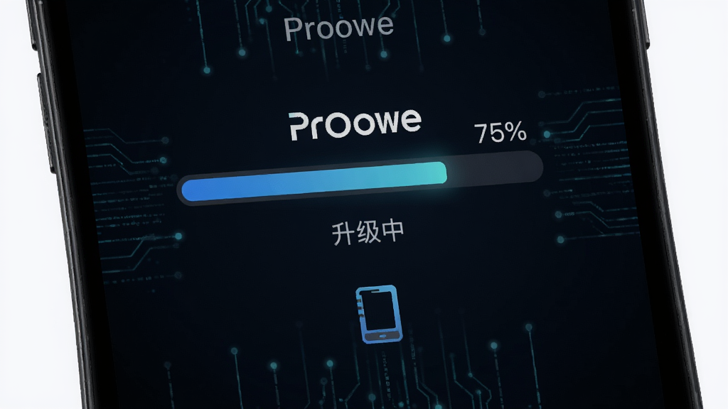 手机屏幕显示 Proove 固件升级进度条界面,进度为百分之七十五,下方有“升级中”字样与设备图标,背景为深色科技风,周围有数据流线条装饰,风格为现代简约,布局进度条居中,画质锐利干净无多余元素