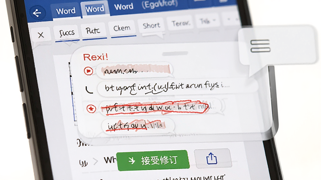 手机屏幕显示Word文档带有红色批注气泡和修订标记,主体为手机与对话气泡,布局居中,排版突出批注内容,风格商务办公,细节包含接受修订按钮和分享图标,画质清晰,干净,无多余元素