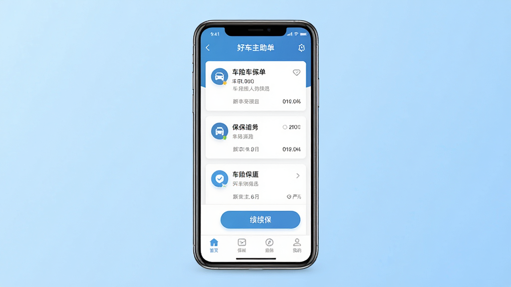一张展示好车主保险助手手机应用界面的预览图,画面中央是一部智能手机,屏幕内显示车险保单列表和续保按钮,背景为浅蓝色渐变,布局简洁居中,风格现代扁平化,细节包含保单卡片、图标和底部导航栏,画质清晰,干净,无多余元素