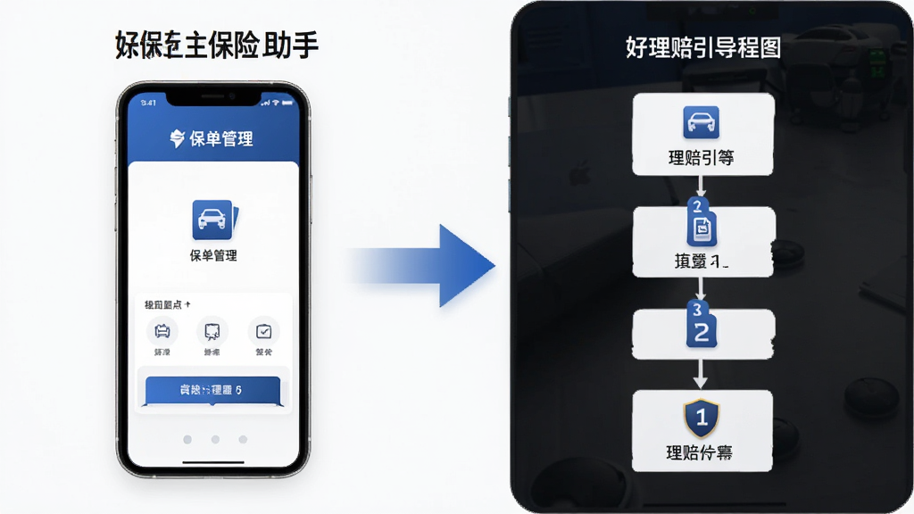 好车主保险助手核心功能展示图,画面左侧为保单管理界面,右侧为理赔引导流程图,中间用箭头连接,背景为白色,风格商务简约,细节包含手机屏幕、文档图标和步骤序号,画质清晰,干净,无多余元素