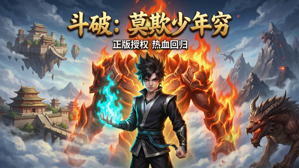 一幅竖版手机游戏宣传图,画面主体为一位身穿黑色劲装的少年斗者,右手托着一团青色火焰,身后浮现巨大的远古异火虚影,背景是悬浮在云端的古老城池与魔兽山脉交错的壮阔景象,画面正中央上方用金色立体字体书写“斗破:莫欺少年穷”,下方用白色小字标注“正版授权 热血回归”,整体风格为国风玄幻CG插画,细节丰富,光影层次分明,画质清晰干净,无多余元素