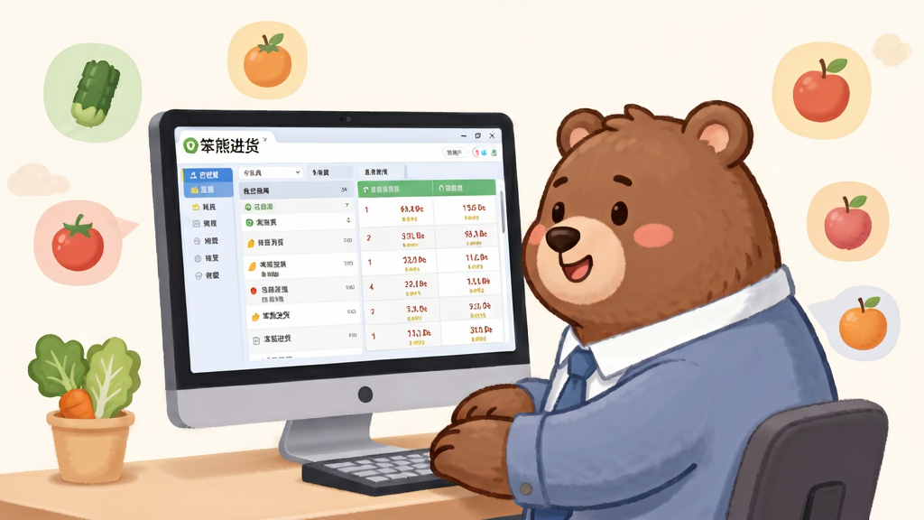 生鲜采购场景中,一只卡通笨熊坐在电脑前对比多家供应商的价格表格,屏幕上显示“笨熊进货”软件界面,周围有蔬菜水果图标,布局为左右分栏,左侧是供应商列表,右侧是价格走势图,风格简洁商务,色彩柔和,画质清晰,干净无杂乱元素