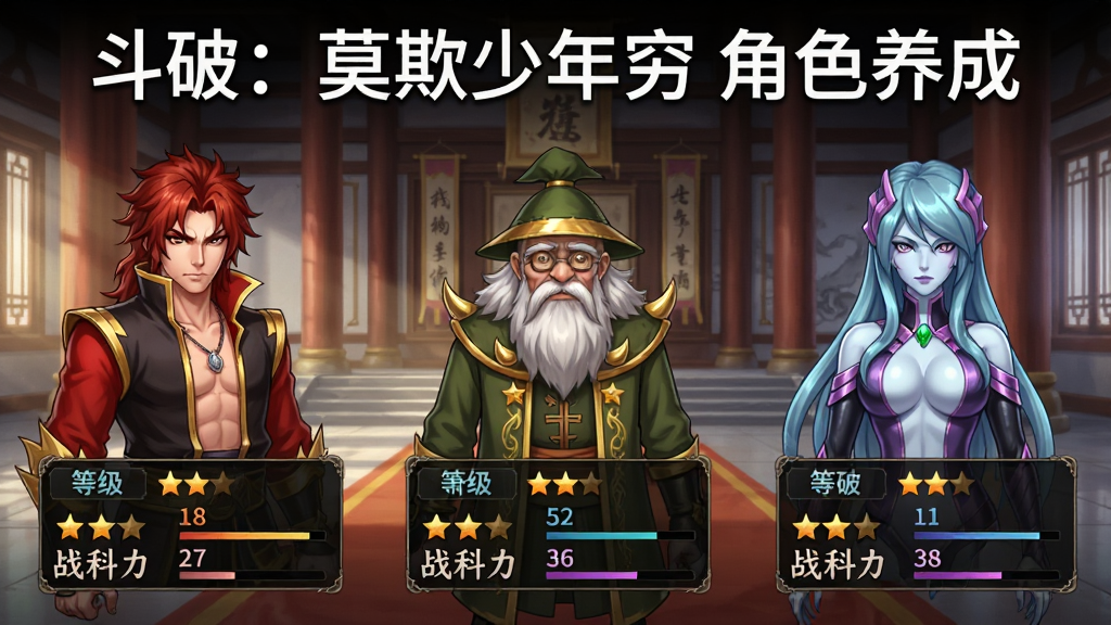 游戏角色养成界面展示图,画面中从左到右依次排列着萧炎、药老、美杜莎女王三位角色的立绘,每位角色下方有等级、星级、战斗力等数据面板,背景是宏伟的宗门大殿,画面顶部用白色字体标注“斗破:莫欺少年穷 角色养成”,整体风格为精致的二次元国风游戏界面,布局清晰,画质干净,无多余元素