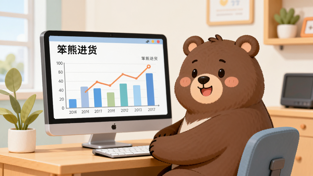 卡通笨熊坐在办公桌前,面前电脑屏幕显示“笨熊进货”的数据统计图表,柱状图和折线图清晰可见,背景为温馨的店铺办公室,布局为居中构图,风格简约现代,色彩清新,画质高清,无多余装饰元素