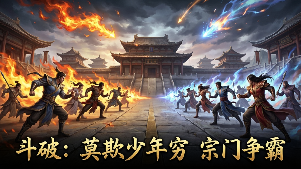 游戏宗门争霸场景插画,画面中两方阵营的斗者在宏伟的宗门广场上对峙,天空中有异火与斗气光芒交错,远处是层层叠叠的宫殿建筑,画面下方用金色字体书写“斗破:莫欺少年穷 宗门争霸”,整体风格为史诗级国风战斗场景,气势恢宏,画质清晰,无多余元素