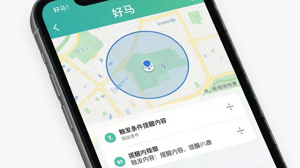手机屏幕展示“好马”应用的地理位置提醒设置页面,地图上标注一个圆形围栏区域,下方列出触发条件与提醒内容,界面配色清新,布局规整,画质干净,无多余装饰