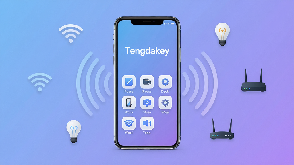 一张展示Tengdakey软件主界面的科技风格渲染图,画面中央放置一部智能手机,手机屏幕上显示Tengdakey的英文名称和简洁的设备管理图标阵列,背景是柔和的蓝紫色渐变,周围环绕着WiFi信号波纹、智能灯泡、路由器等小型图标元素,整体布局居中对称,风格现代科技感,细节清晰,画质高清,干净无多余元素。