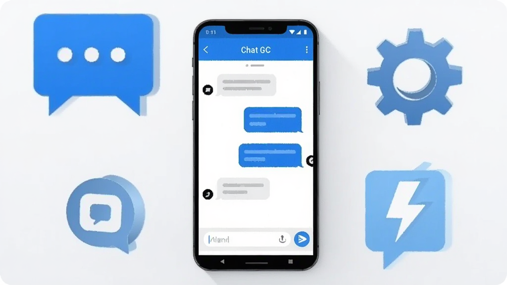 整体画面以一部竖屏安卓手机为中心,手机屏幕中显示“Chat GC”的聊天界面,界面布局清爽,包含对话气泡、输入框与发送按钮,手机两侧环绕聊天气泡图标、齿轮图标与闪电图标,整体采用扁平化科技风格,配色以蓝白为主,背景干净简洁,画质清晰,无多余元素