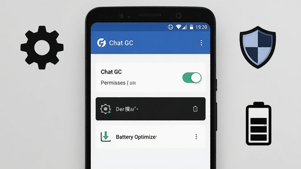 画面展示一部安卓手机屏幕上显示“Chat GC”的设置界面,界面中包含权限开关、深色模式选项与电池优化入口,手机旁边有齿轮、盾牌与电池图标作为装饰,背景为浅灰色,整体风格简洁干净,画质清晰,无多余元素