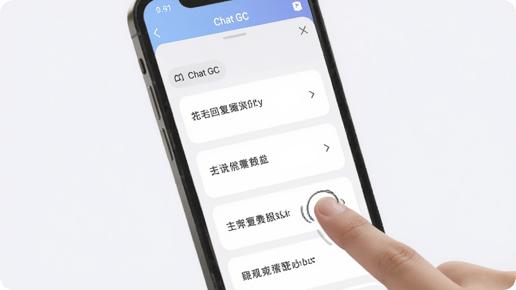 画面中展示“Chat GC”应用内的快捷回复面板,面板上排列着多条回复模板卡片,卡片上有简短的文字示意,手机旁有手指点击的示意动作,背景为柔和的浅灰白色,整体风格清新简约,画质清晰,无多余元素