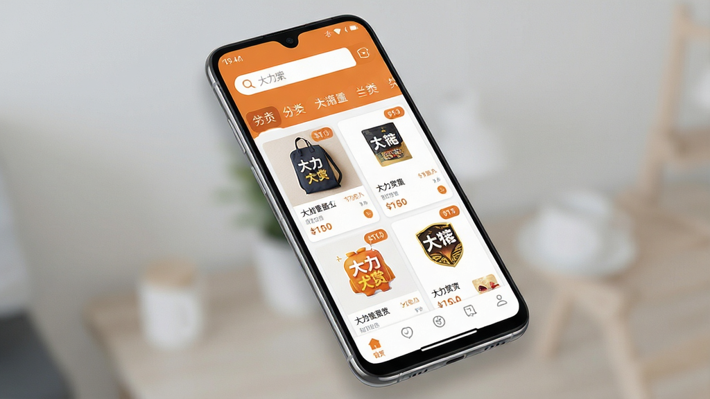 一张展示“大力赏”APP主界面的手机预览图,主体为一部竖屏安卓手机,屏幕内呈现“大力赏”应用首页布局,顶部有搜索框和分类标签,中部为商品卡片网格排列,底部有导航栏;布局采用居中构图,手机略微倾斜展示立体感;排版清晰简洁,信息层级分明;风格为现代科技感与生活化结合,色彩以暖橙色和白色为主;细节上屏幕内商品卡片带有缩略图和价格标签,顶部状态栏显示时间与电量;画质高清,干净无多余元素,整体明亮通透。