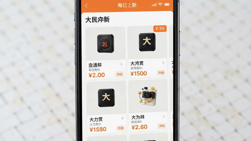一个展示“大力赏”APP商品列表页面的场景图,主体为手机屏幕特写,屏幕内显示多张商品卡片整齐排列,每张卡片包含商品图片、名称和价格;布局采用网格状排列,视觉重心集中在屏幕中央;排版紧凑但不拥挤,留白适中;风格为清新电商风,以浅色背景搭配橙色点缀;细节上商品图片清晰,价格标签醒目,顶部有“每日上新”字样;画质高清,画面干净,无多余装饰元素。