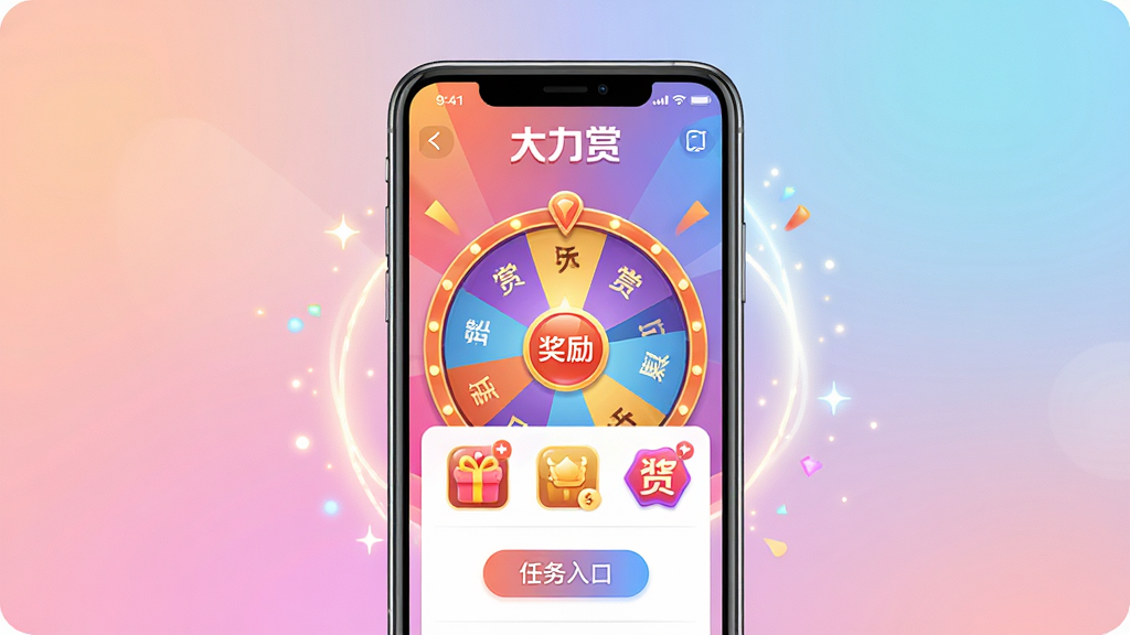 一幅表现“大力赏”APP互动活动页面的手机截图风格图片,主体为手机屏幕展示活动转盘或任务列表界面,屏幕周围有轻微光效点缀;布局为手机居中,背景为柔和渐变;排版突出活动入口和奖励图标;风格活泼明快,色彩丰富但不刺眼;细节上屏幕内可见“大力赏”活动标识和参与按钮,文字清晰可辨;画质高清,画面干净整洁,无杂乱元素。