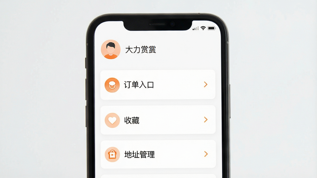 一幅“大力赏”APP个人中心页面的手机界面图,主体为手机屏幕展示个人中心布局,包含头像、订单入口、收藏、地址管理等模块;布局为纵向模块化排列,图标与文字搭配;排版整齐,间距均匀;风格为清爽浅色系,以白色背景和橙色图标为主;细节上各功能入口带有小图标和右箭头,顶部有用户昵称;画质高清,画面干净,无多余装饰。