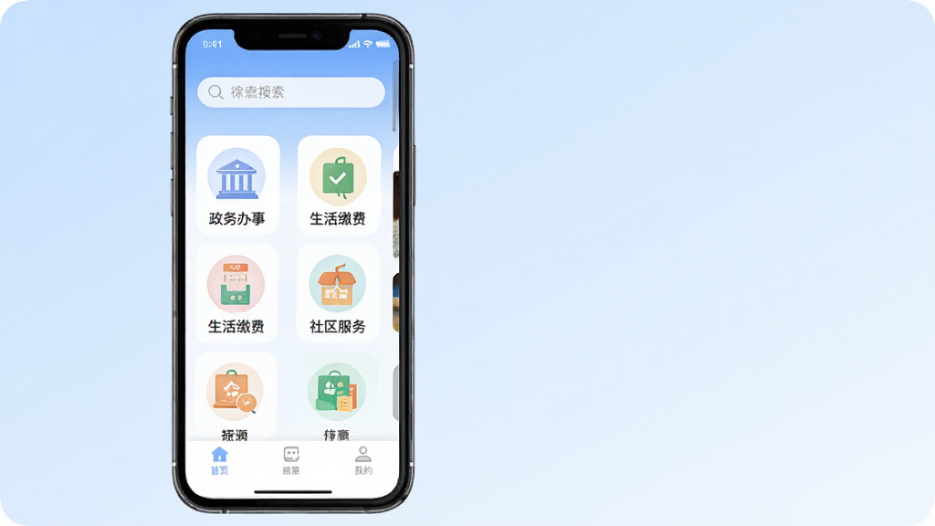 徐汇城投软件主界面预览图,主体为一部智能手机屏幕,屏幕上显示徐汇城投APP的首页界面,包含顶部搜索栏、中部功能图标网格(如政务办事、生活缴费、社区服务等)、底部导航栏,布局清晰整洁,排版采用现代扁平化设计风格,细节上图标线条简洁色彩柔和,背景为淡蓝色渐变,画质高清,干净无多余元素