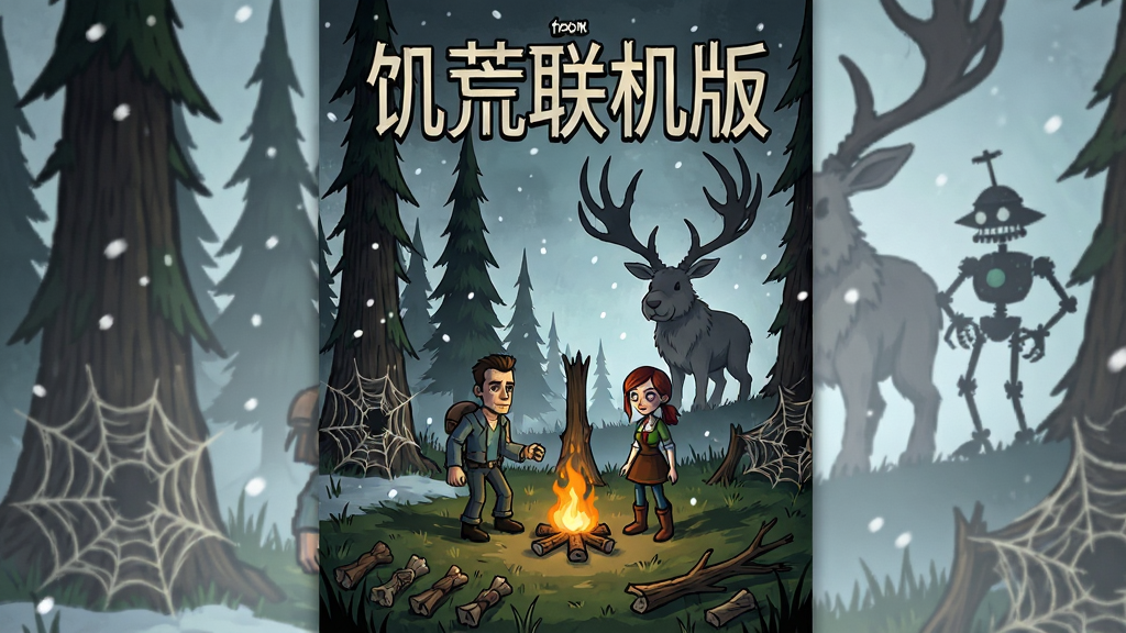 一幅竖版手机游戏宣传海报,主体是饥荒联机版标志性的暗黑哥特式手绘风格荒野场景,画面中央是威尔逊和薇洛两个角色站在一个简陋的篝火旁,周围有高耸的常青树和诡异的蜘蛛巢穴,远处是巨大的鹿角兔和发条骑士剪影,排版上软件名称“饥荒联机版”用醒目的复古手写字体放在画面顶部,布局采用上下分层结构,风格是蒂姆伯顿式的黑暗童话感,细节包括飘落的雪花、角色身上的光影、地面上的草和树枝资源,画质超清,干净,无多余元素