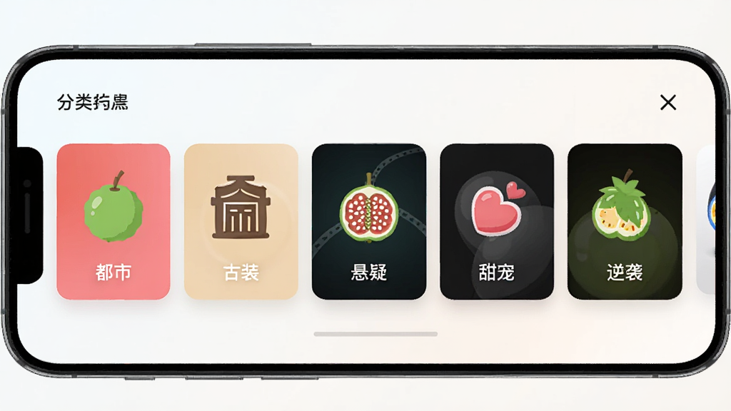 手机屏幕中显示番石榴短剧的分类选择页面,画面中有都市、古装、悬疑、甜宠、逆袭五个分类卡片横向排列,每个卡片配有对应的简约图标,背景为浅色渐变,界面干净整齐,高清移动端UI设计图
