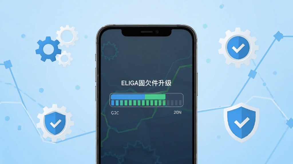 ELIGA固件升级界面示意图,画面中央是手机屏幕显示升级进度条,周围有齿轮和盾牌图标象征安全维护,背景为浅蓝色渐变,风格简洁明快,画质干净
