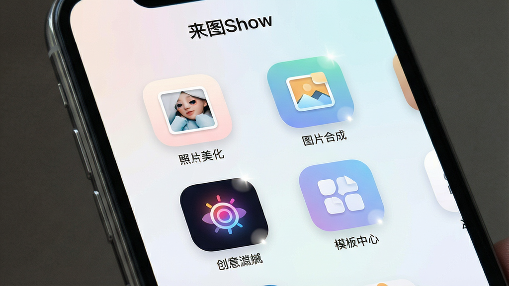 一张展示来图Show软件主界面的手机屏幕截图,画面中央是软件首页,包含多个功能图标如照片美化、图片合成、创意滤镜、模板中心,界面采用浅色渐变背景,顶部显示
