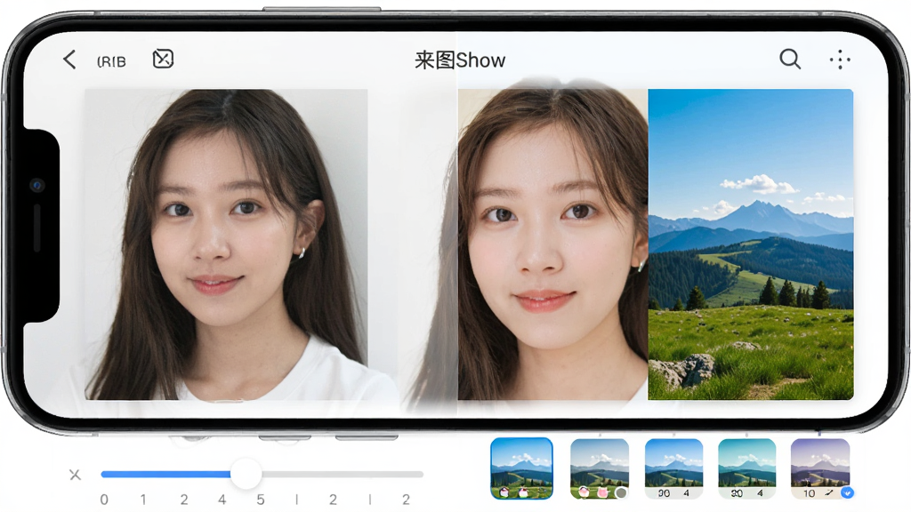 一部智能手机屏幕上展示来图Show的图片美化界面,左侧是原图,右侧是美化后的效果图,画面中有人像和风景照片对比,界面底部有调整滑块和滤镜选项,顶部有