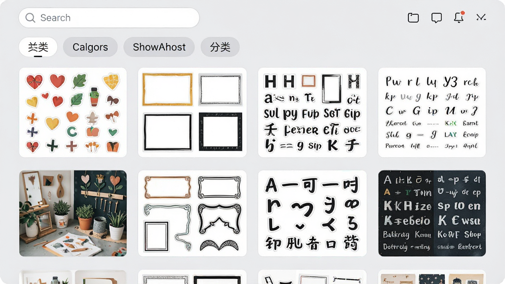 来图Show素材库界面,画面中展示分类清晰的贴纸、边框、字体、背景素材网格,每个素材有缩略图预览,顶部有搜索框和分类标签,界面采用浅灰色背景,风格整洁有序,细节包括素材图标、分类标签文字、搜索框样式,画质高清,干净,无多余元素