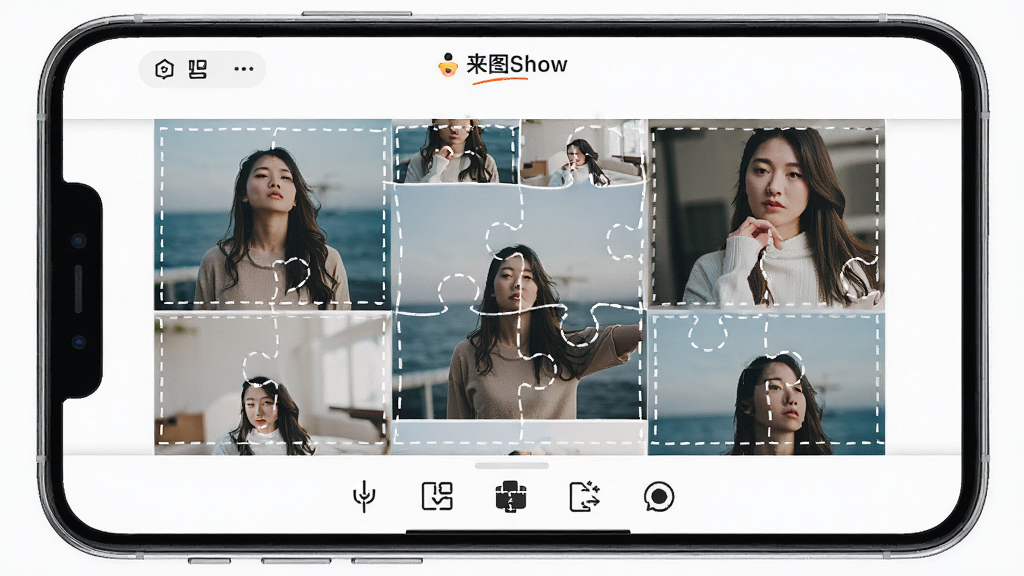 来图Show在手机上的操作界面截图,画面展示用户正在使用拼图功能,屏幕中央是多张照片拼贴效果,底部有工具栏,顶部有